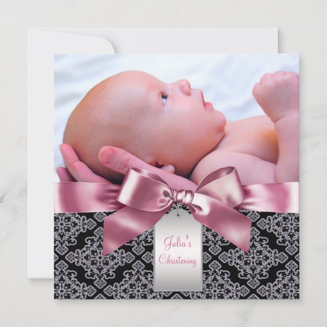 Pink Damask Baby Girl Photo Christening Invitation (Front)