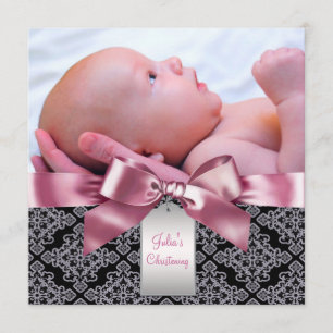 Pink Damask Baby Girl Photo Christening Invitation