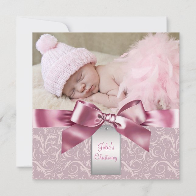 Pink Damask Baby Girl Photo Christening Invitation (Front)