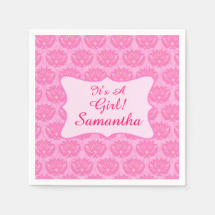 Pink Damask Baby Its a Girl Birth Annoucement Napkin