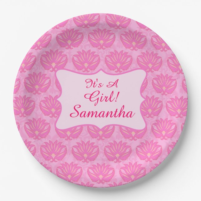 Pink Damask Baby Its a Girl Name Personalised Paper Plate (Front)