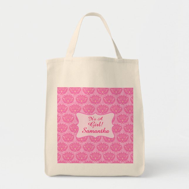 Pink Damask Baby Its a Girl Name Personalised Tote Bag (Front)