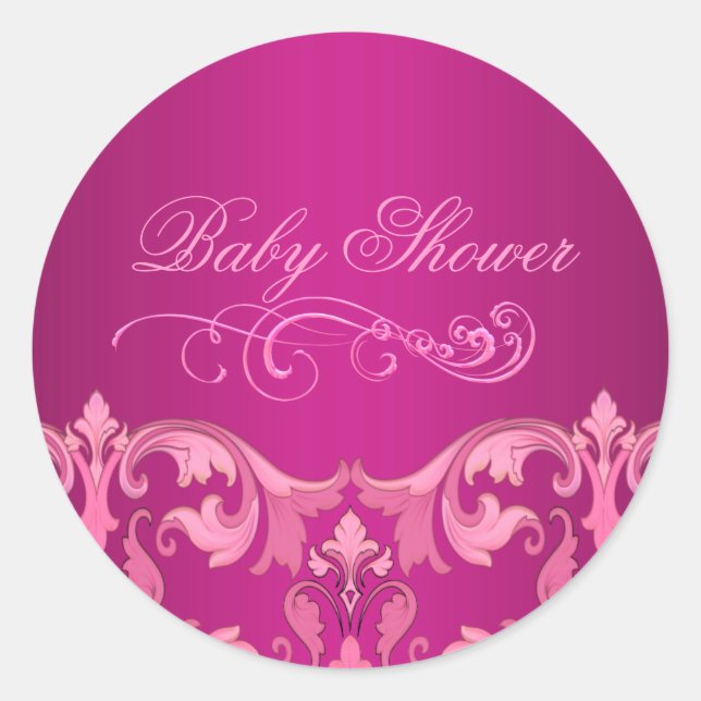 Pink Damask Baby Shower Envelope Sticker/seal Classic Round Sticker (Front)