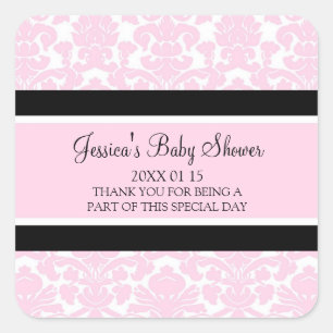 Pink Damask Baby Shower Favour Stickers