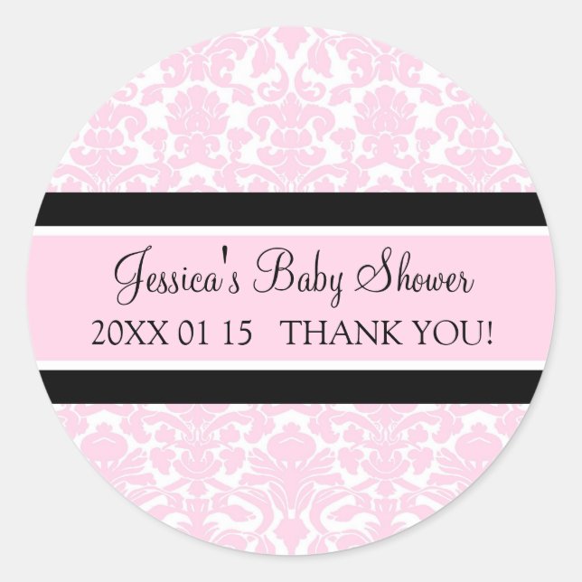 Pink Damask Baby Shower Favour Stickers (Front)