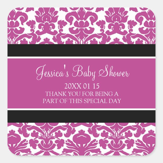 Pink Damask Baby Shower Favour Stickers (Front)