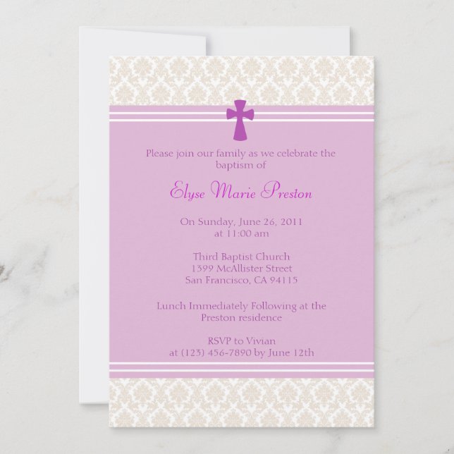 Pink Damask Baptism/Christening Invitation (Front)