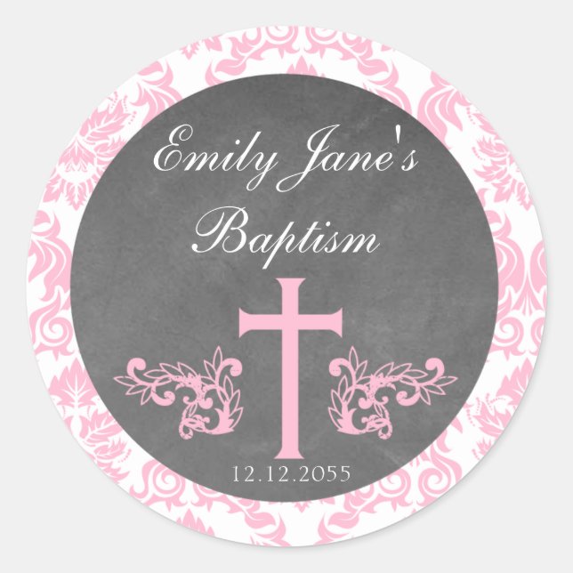 Pink Damask Baptism Favour Stickers Tags (Front)