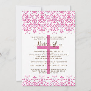 Pink Damask Baptism Invitation