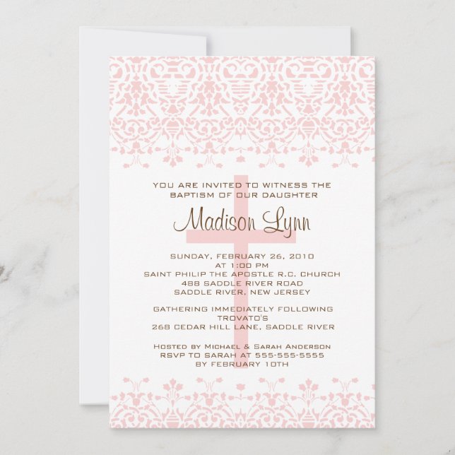 Pink Damask Baptism Invitation (Front)