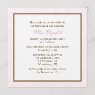 Pink Damask Baptism Invitations