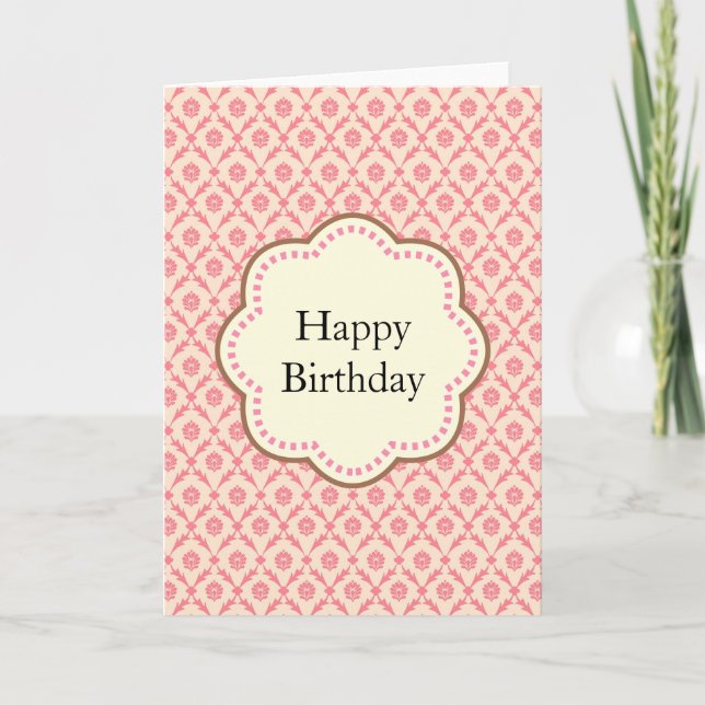 Pink Damask Birthday Card (Front)