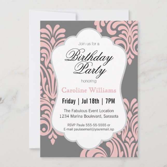 Pink Damask Birthday Party Invitation (Front)
