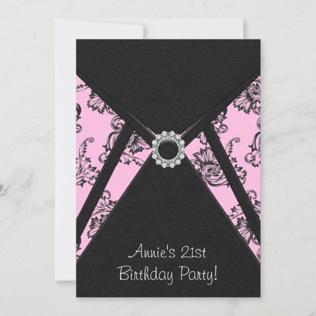Pink Damask Black 21st Birthday Party Invitation (Front)