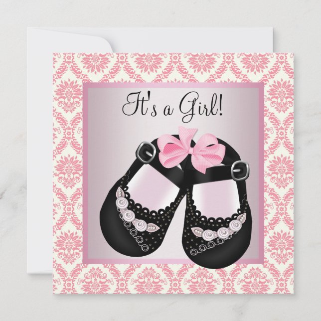 Pink Damask Black Shoes Pink Damask Baby Girl Show Invitation (Front)