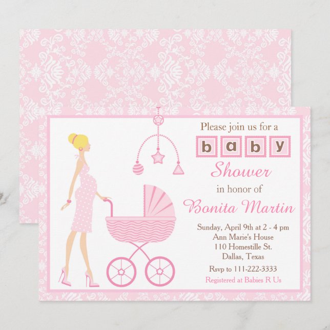 Pink Damask Blonde Expecting Girl Baby Shower Invitation (Front/Back)