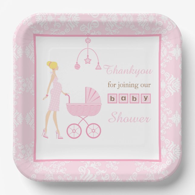 Pink Damask Blonde Woman Baby Shower Paper Plate (Front)