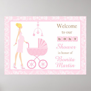 Pink Damask Blonde Woman Baby Shower Poster