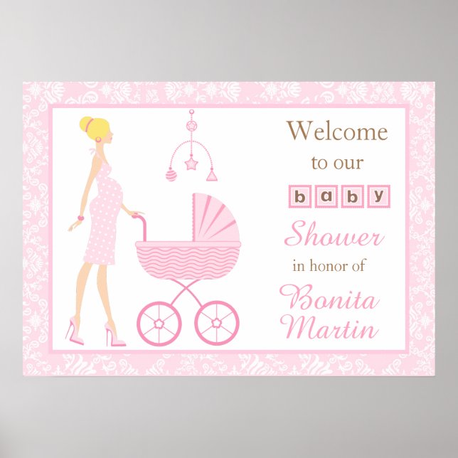 Pink Damask Blonde Woman Baby Shower Poster (Front)