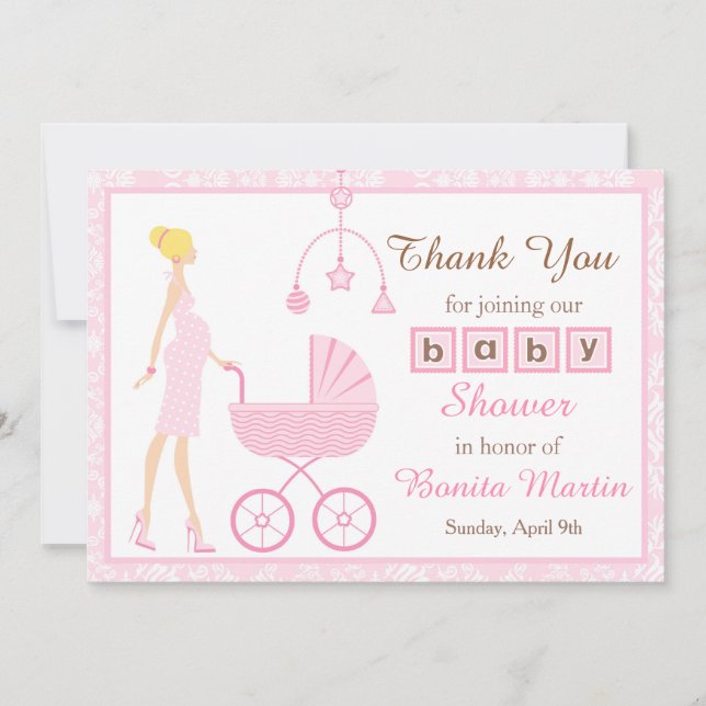 Pink Damask Blonde Woman Baby Shower Thank You Card (Front)