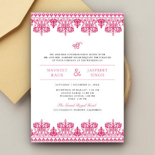 Pink Damask Border Anand Karaj Sikh Wedding Invitation