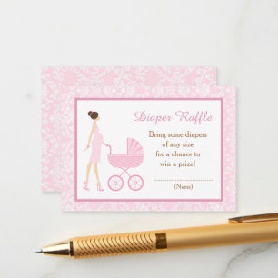 Pink Damask Brunette Baby Shower Diaper Raffle Enclosure Card