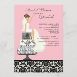 Pink Damask Brunette Bride Bridal Shower Invitation