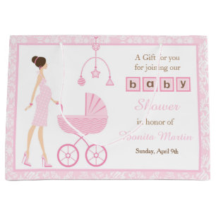 Pink Damask Brunette Woman Baby Shower Large Gift Bag