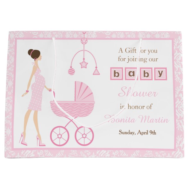 Pink Damask Brunette Woman Baby Shower Large Gift Bag (Front)