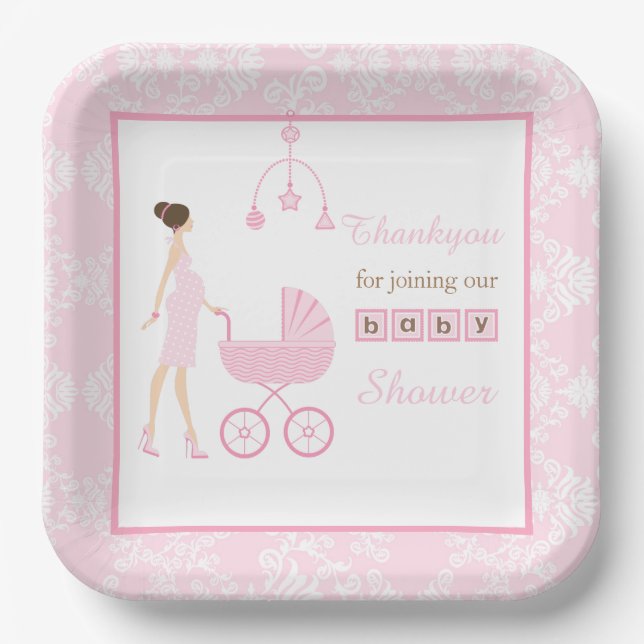 Pink Damask Brunette Woman Baby Shower Paper Plate (Front)