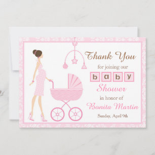 Pink Damask Brunette Woman Baby Shower Thank You Card