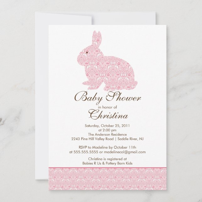 Pink Damask Bunny Baby Shower Invitation Baby Girl (Front)