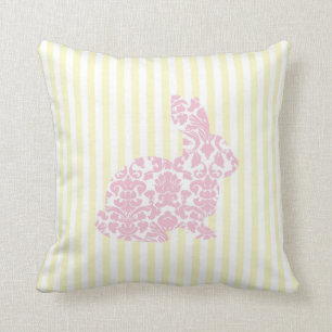 Pink Damask Bunny Rabbit on Yellow Stripes Cushion