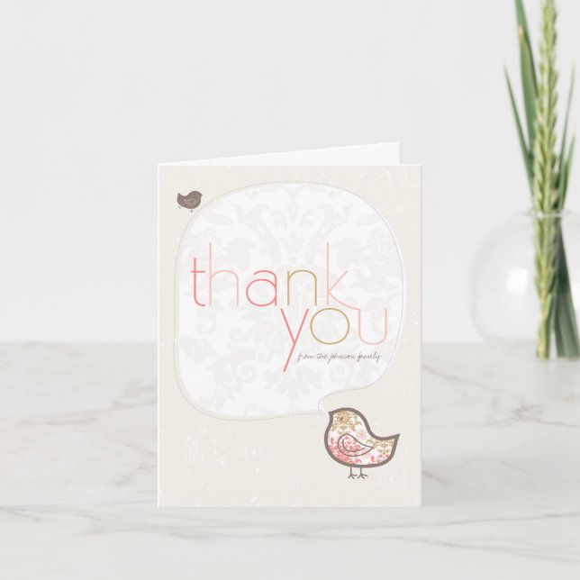 Pink Damask Chick Whimsical Girl Baby Shower/Birth Thank You Card (Front)