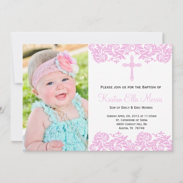 Pink Damask Christening Baptism Invitation (Front)
