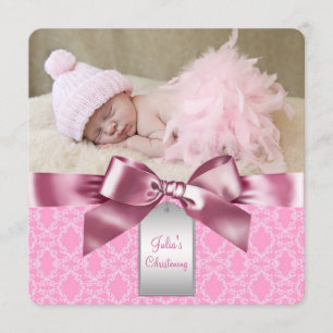 Pink Damask Christening Invitation