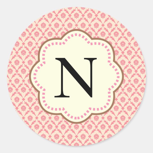 Pink Damask Classic Round Sticker (Front)
