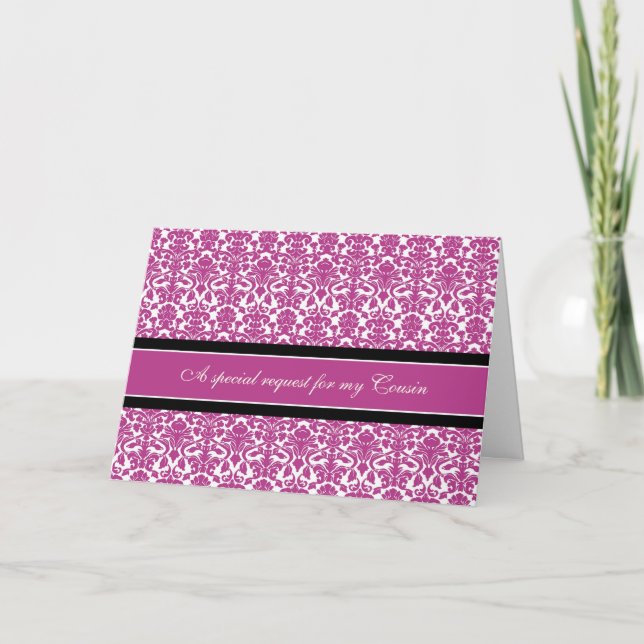 Pink Damask Cousin Bridesmaid Invitation Card (Front)
