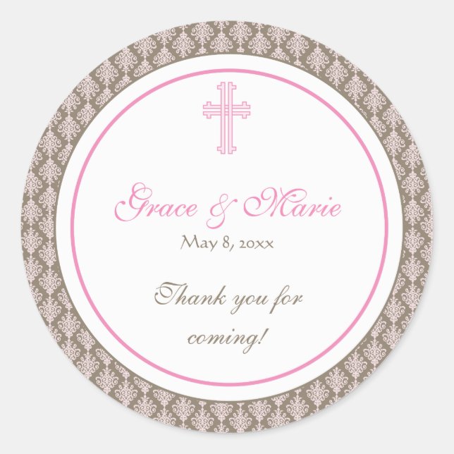 Pink Damask Cross Address Label/Favour Sticker (Front)