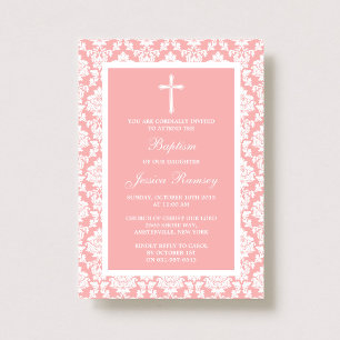 Pink Damask Cross Baptism Or Christening Invitation