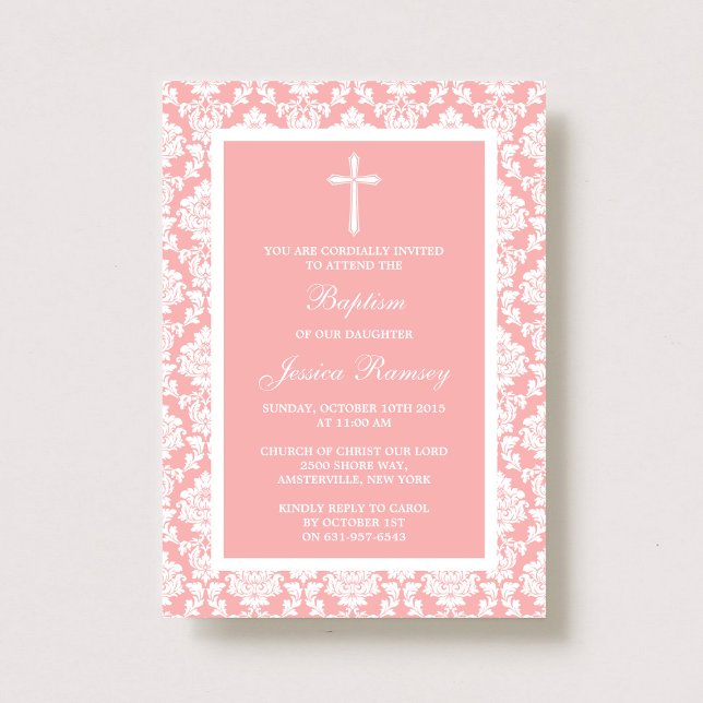 Pink Damask Cross Baptism Or Christening Invitation (Creator Uploaded)