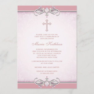 Pink Damask Cross First Communion Invitation