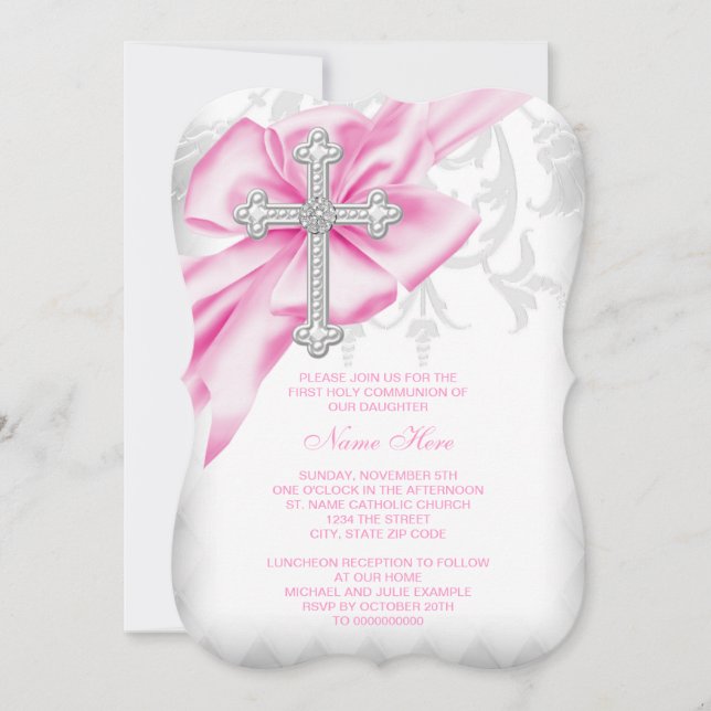 Pink Damask Cross First Communion Invitation (Front)