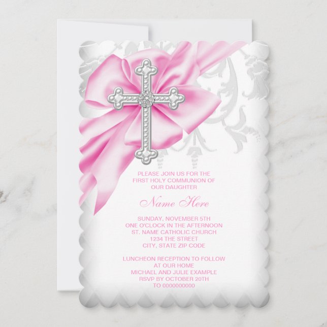 Pink Damask Cross First Communion Invitation (Front)