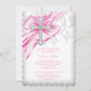Pink Damask Cross First Communion Invitation