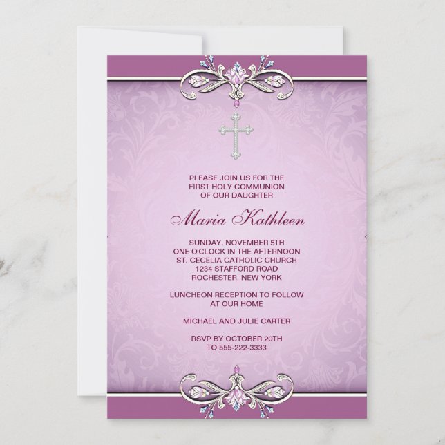 Pink Damask Cross First Communion Invitation (Front)