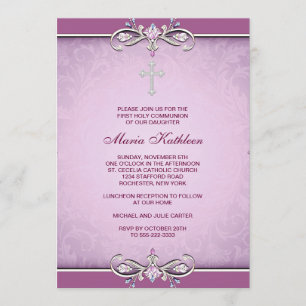 Pink Damask Cross First Communion Invitation
