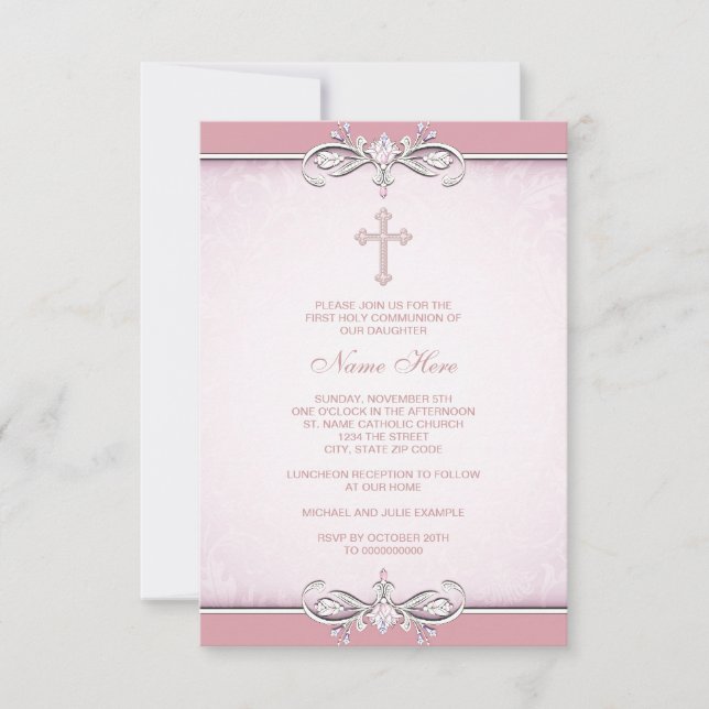 Pink Damask Cross First Communion Invitation (Front)