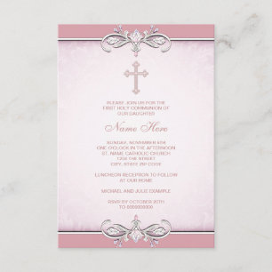 Pink Damask Cross First Communion Invitation