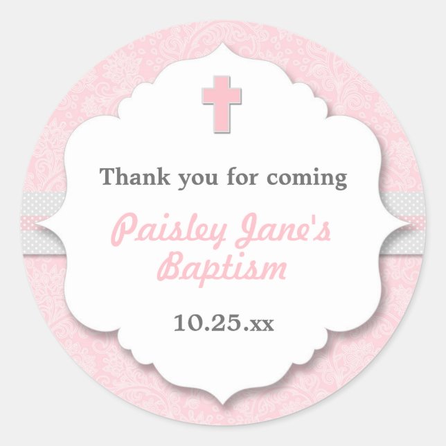 Pink Damask cross girl baptism christening favour Classic Round Sticker (Front)